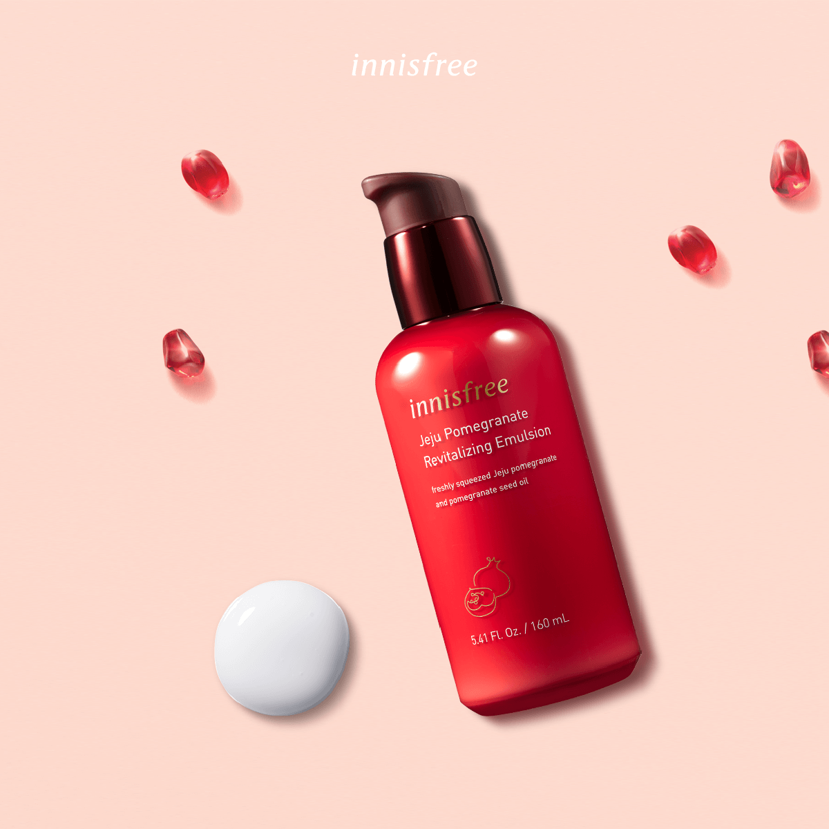 Innisfree Jeju Pomegranate Revitalizing Emulsion 15 ml  สารสกัดจากน้ำทับทิมให้ผิวเปล่งประกายเป็นสองเท่า ด้วยประสิทธิภาพของทับทิมและน้ำมันเมล็ดทับทิมจากเชจู   แก้ไขและป้องกันสัญญาณของริ้วรอยก่อนวัย กักเก็บความชุ่มชื้นของน้ำ ให้ผิวชุ่มชื่นพร้อมปรับสมดุลระดับน้ำและน้ำมันของผิว